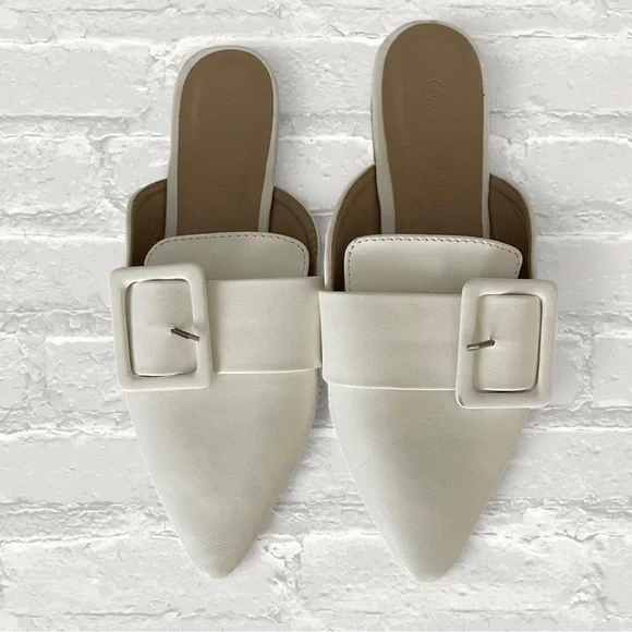 White Pointed Toe Buckle Mules - Picture 3 of 4